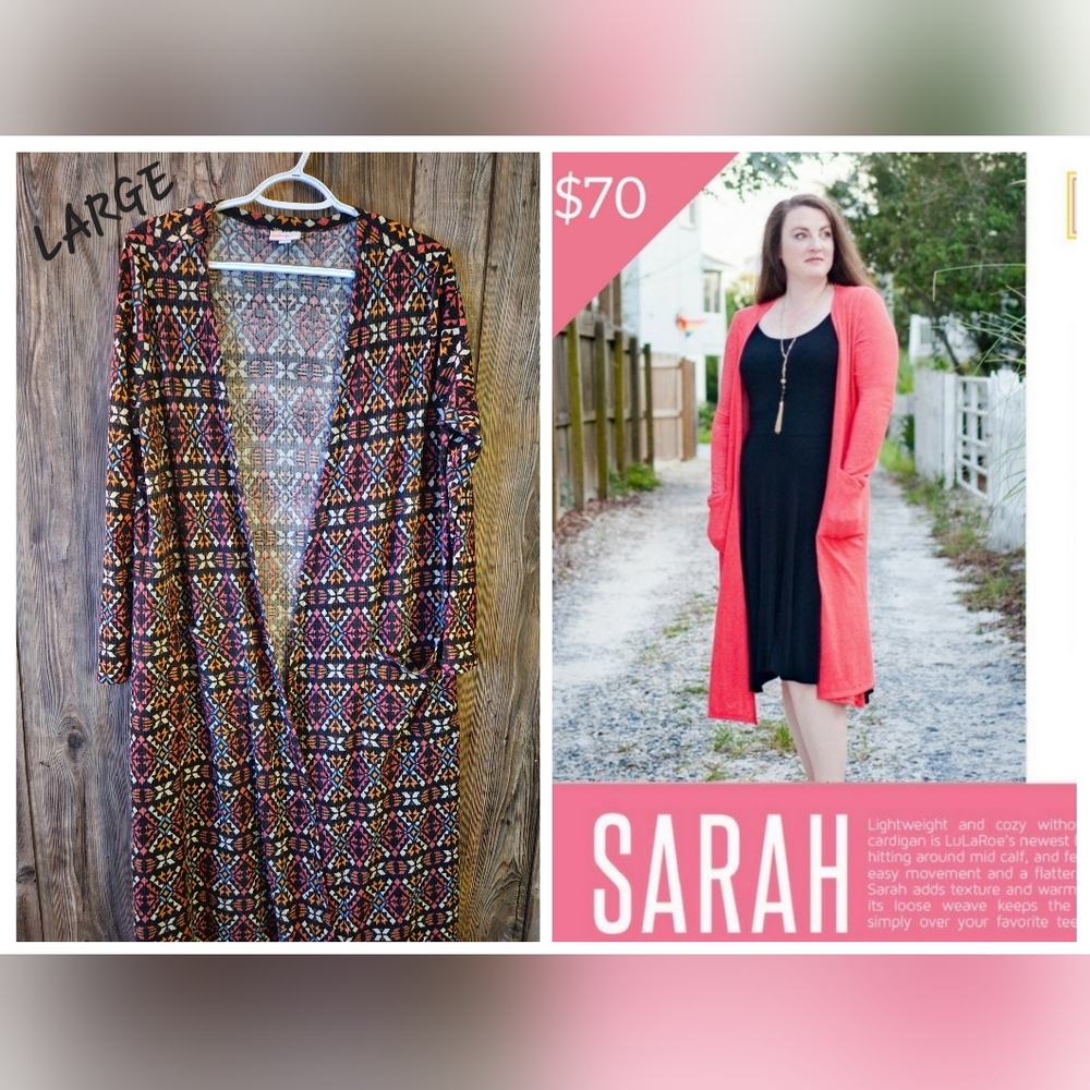 LuLaRoe Ribbed Orange Pink Blue Aztec Sarah Cardigan Sweater Size Large